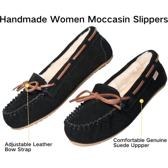 Women's Leather Faux Fur Pile Lined lace Up Cozy Black Bow Warm Slippers Shoes - Picture 2 of 5